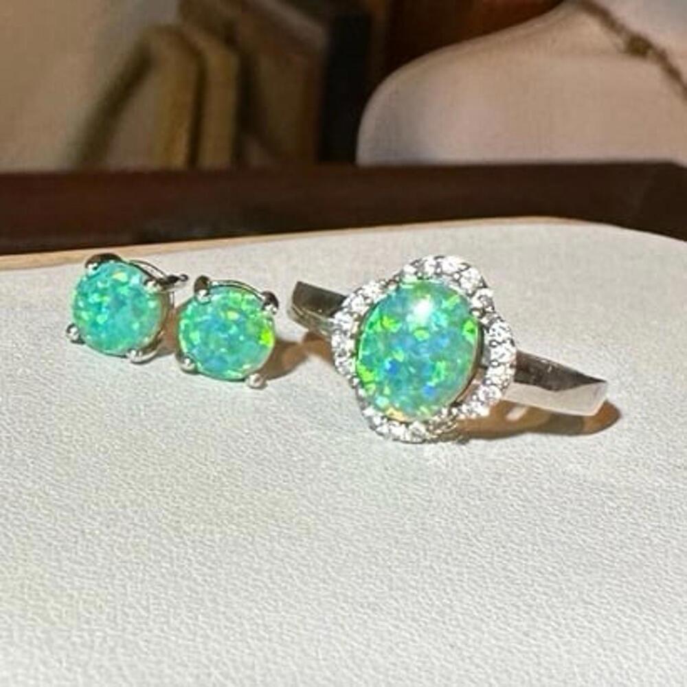 Sterling Silver Green Lab Opal Oval Flower Halo CZ Ring & Opal Earrings